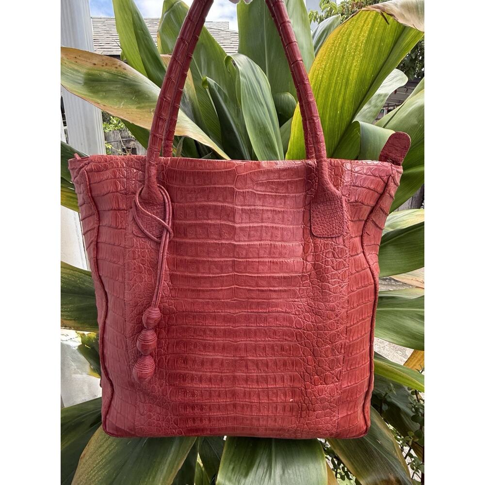 NANCY GONZALEZ Croc Leather Tote Bag Crocodile Shoulder Bag Handbag Red